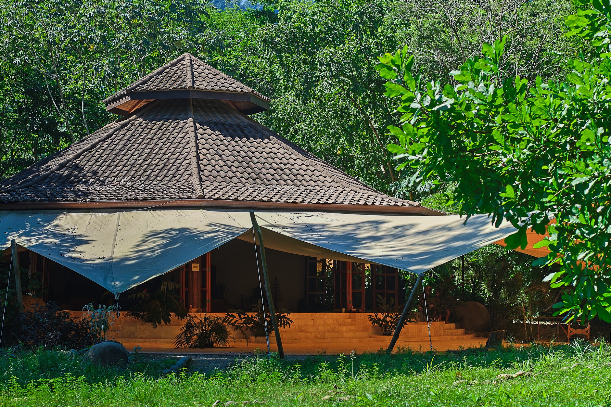 The tiled open-air pavilion at Awake surrounded by jungle
